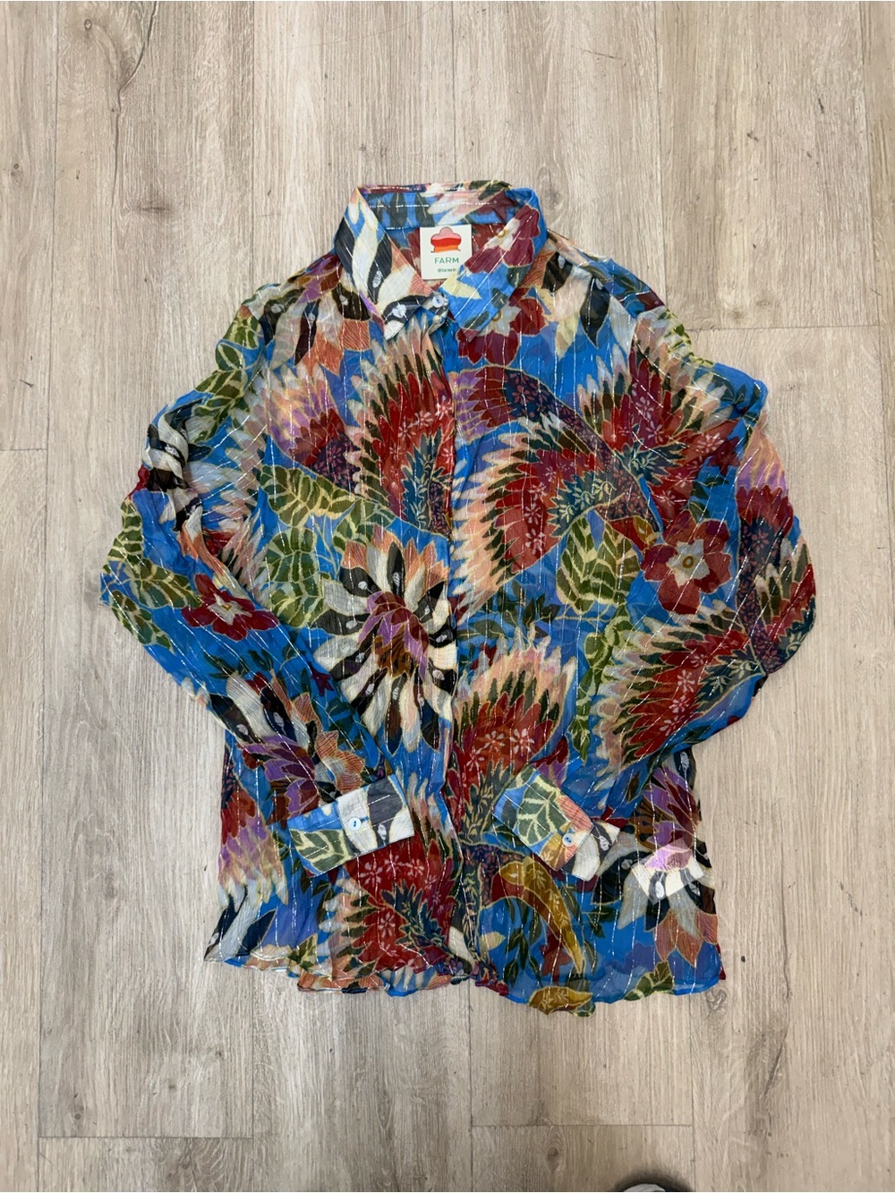FARM Rio Multicolor Floral Button-Up Long Sleeve Blouse Sz S